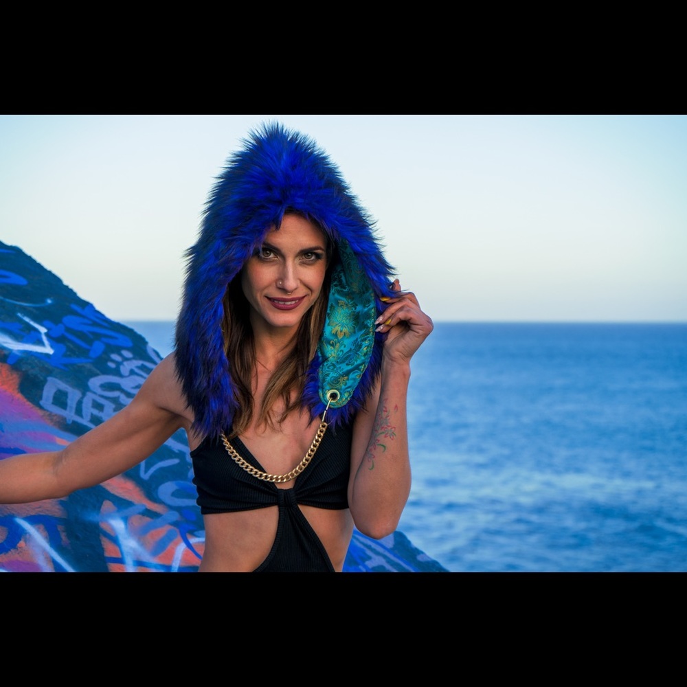 “INDIGO IRIS HOOD” Blue and Purple faux fur hood